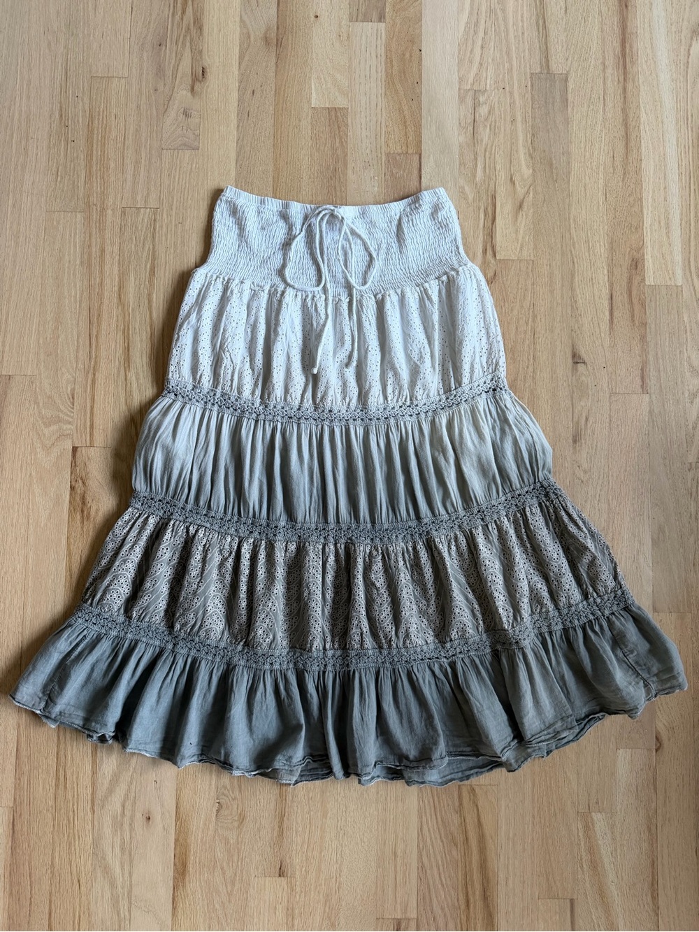 By Deep Los Angeles Ombre Tiered Eyelet Skirt | Cream to Sage | Size L